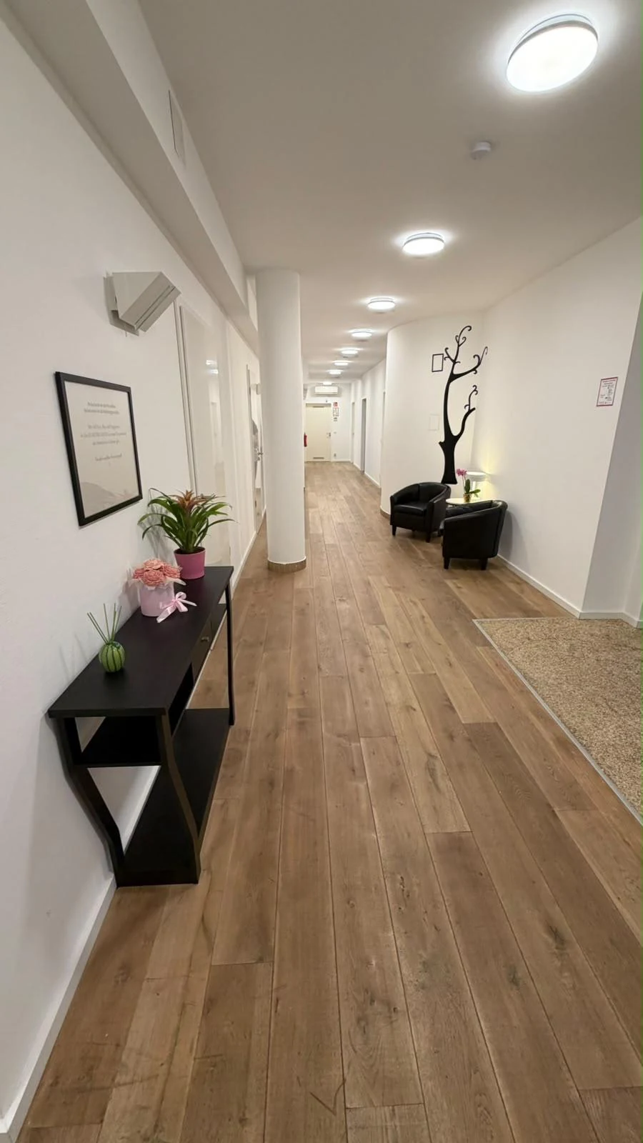 Renovierter Flur mit Holzboden, Blumen und Sitzgelegenheiten